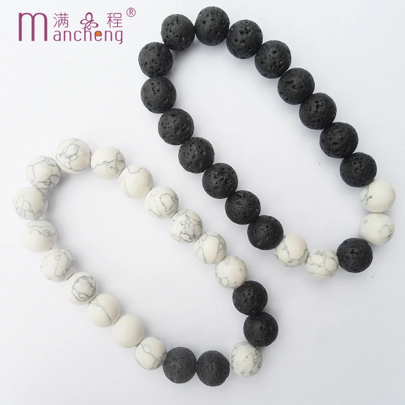 

2PCS/ Lot Natural stone Black volcanic beads White turquoise couple Lover's bracelet for Women man strand lava bracelet jewelry