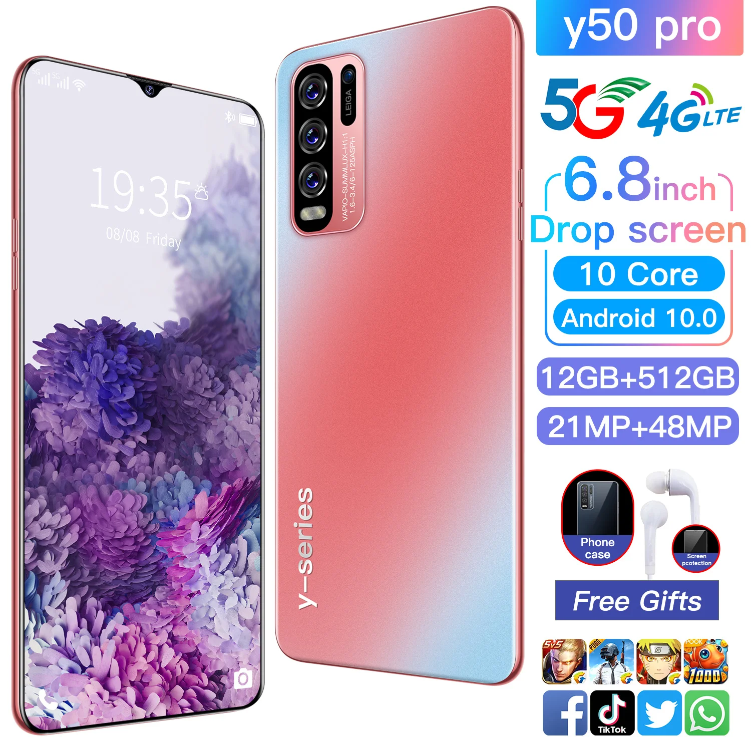 

Y50 PRO Smartphone Android Cell Phone 5G 12+512GB Deca Core 13+24MP MTK6889 Unlocked Cell Phones Global Version Featured Phone