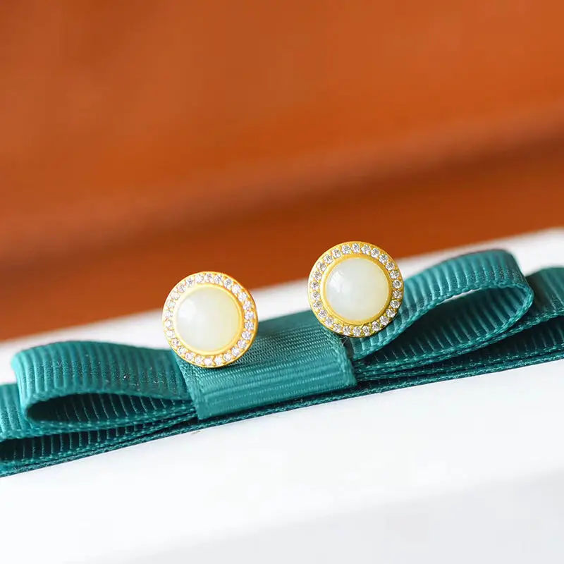

Simple Hetian Jade Ear Studs Women's round Small Exquisite S925 Sterling Silver Gold Mosaic Jade Earrings Fashion Style