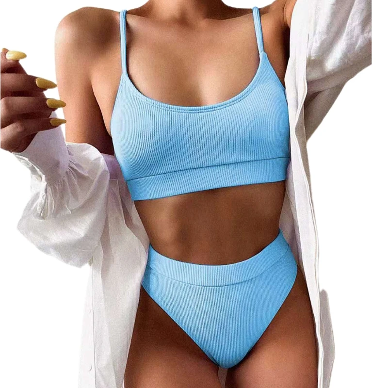 

Women Sexy 2pcs Solid Patchwork Bikini Set Scoop Neck Ribbed High Waist Swimsuit 875D