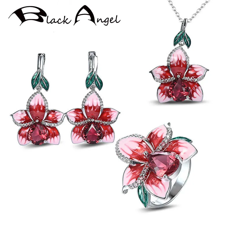 

BLACK ANGEL Red Enamel Rose Flowers Ruby Water Drop Shaped Ring Necklace Clip Earrings For Women Jewelry Set Christmas Gift