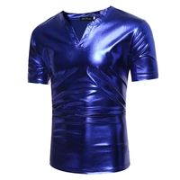 classic v neck t shirt men shiny royal blue coated metallic nightclub stage tshirt men hip hop streetwear camiseta masculina xxl