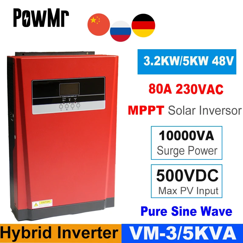 

3.2KW/5KW Hybrid Solar Inverter MPPT 80A Pure Sine Wave Inverter 24V 48V 220V Build In Solar Regulator 50Hz 60Hz Auto Setting