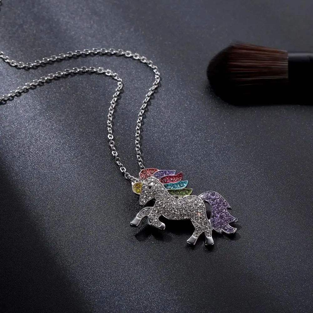 Silver Necklace 4 шт набор украшений в виде единорога, ожерелье, браслет, серьги, набор колец, цветные украшения в виде единорога - Окраска металла: Silver Necklace