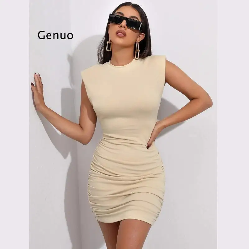 

2021 Tank Top Dresses Sexy Pleated Bag Hip Skirt Solid Color Fashion Tight Sleeveless Party Mini Elastic Pullover Skirt Women