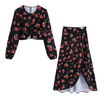 women 2021za fashion hollow out floral print crop blouses vintage long sleeve side zip female shirt chic top or high waist skirt