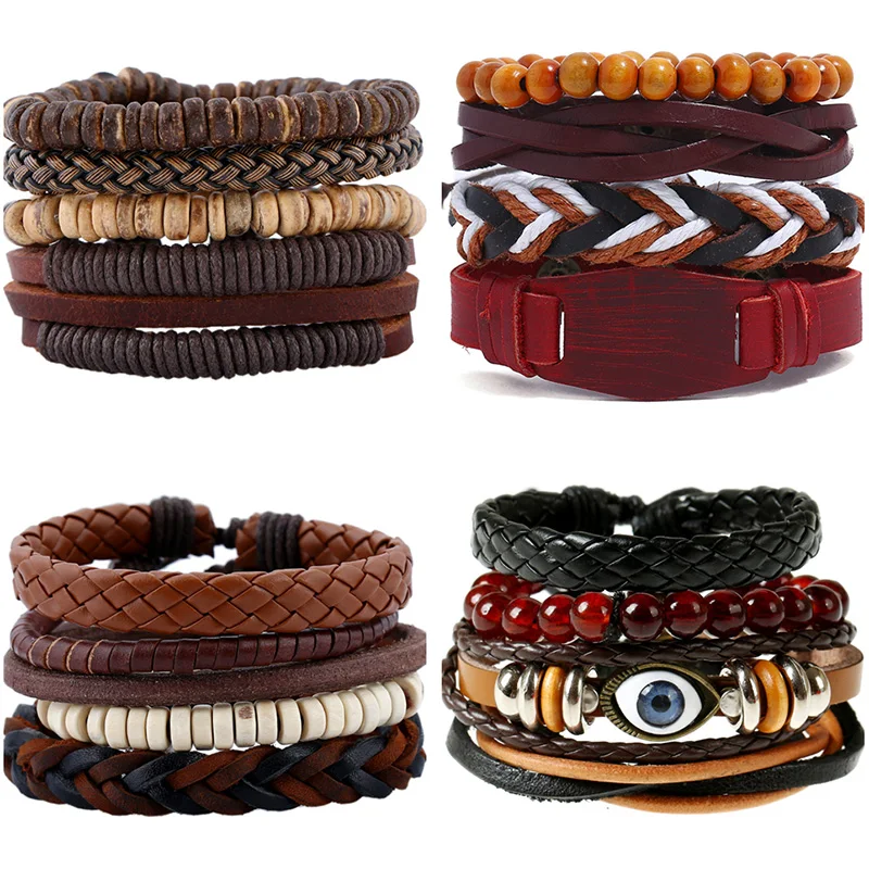 Набор браслетов из натуральной кожи 4 шт./компл. браслет деревянных бусин и