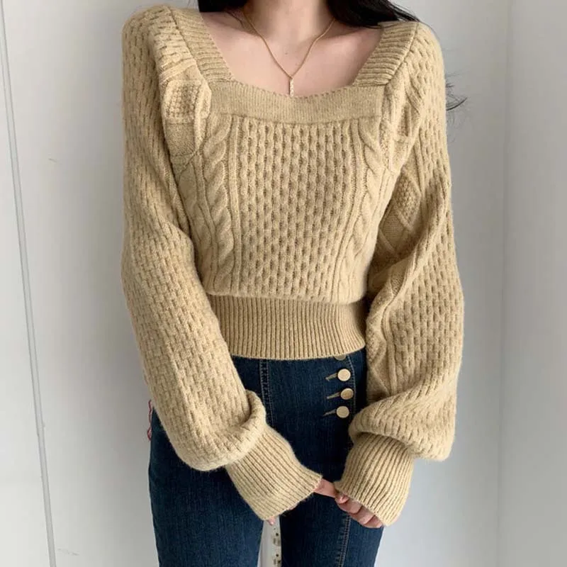 

Autumn Korea Women Knitted Sweater Square Neck Slim Pullovers Tops Female Crochet Flowers Brief Base Sheath Outside Knitwear