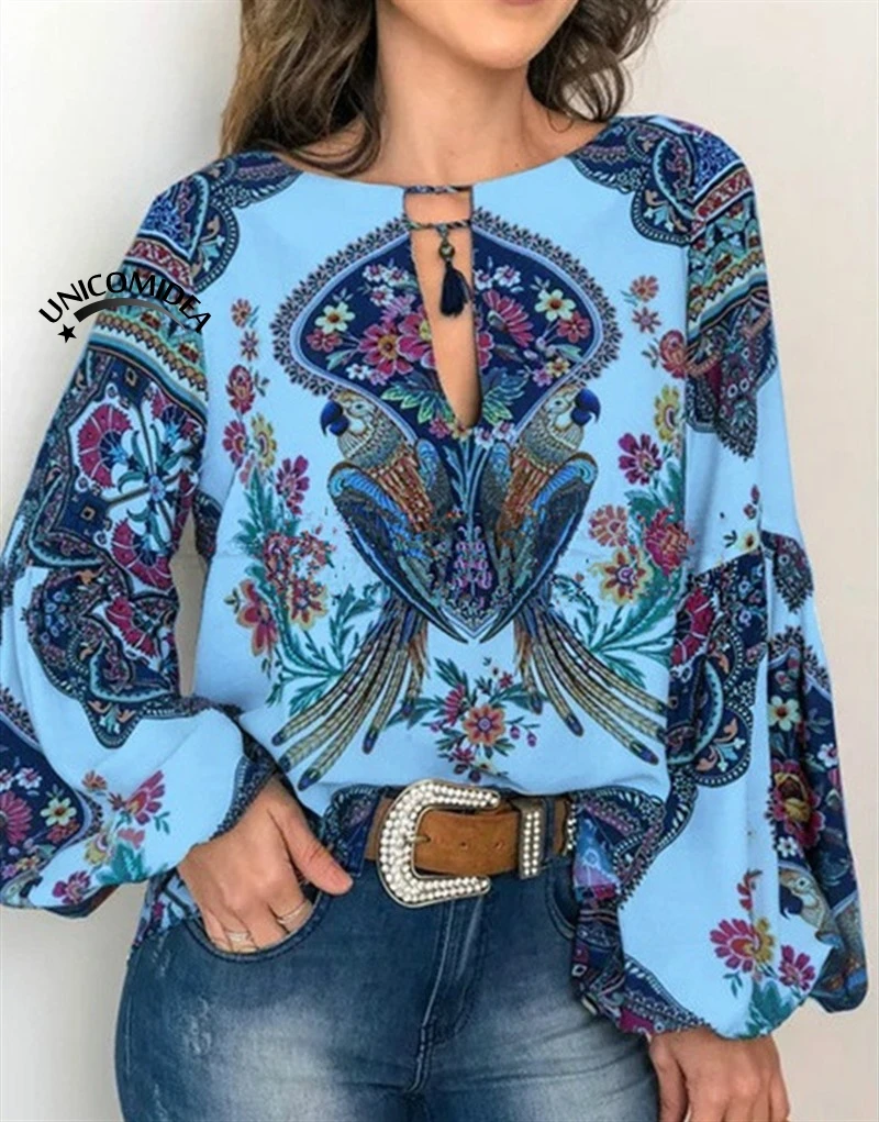 2019 блуза в стиле бохо с цветочным принтом павлина рубашка длинным рукавом