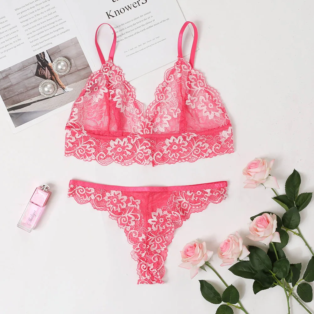 

Ladies Erotic Gather Bra Briefs Two Piece Set Flower Embroidery Two-Tone Lace Underwear Suit Women Translucent Sexy Lingerie