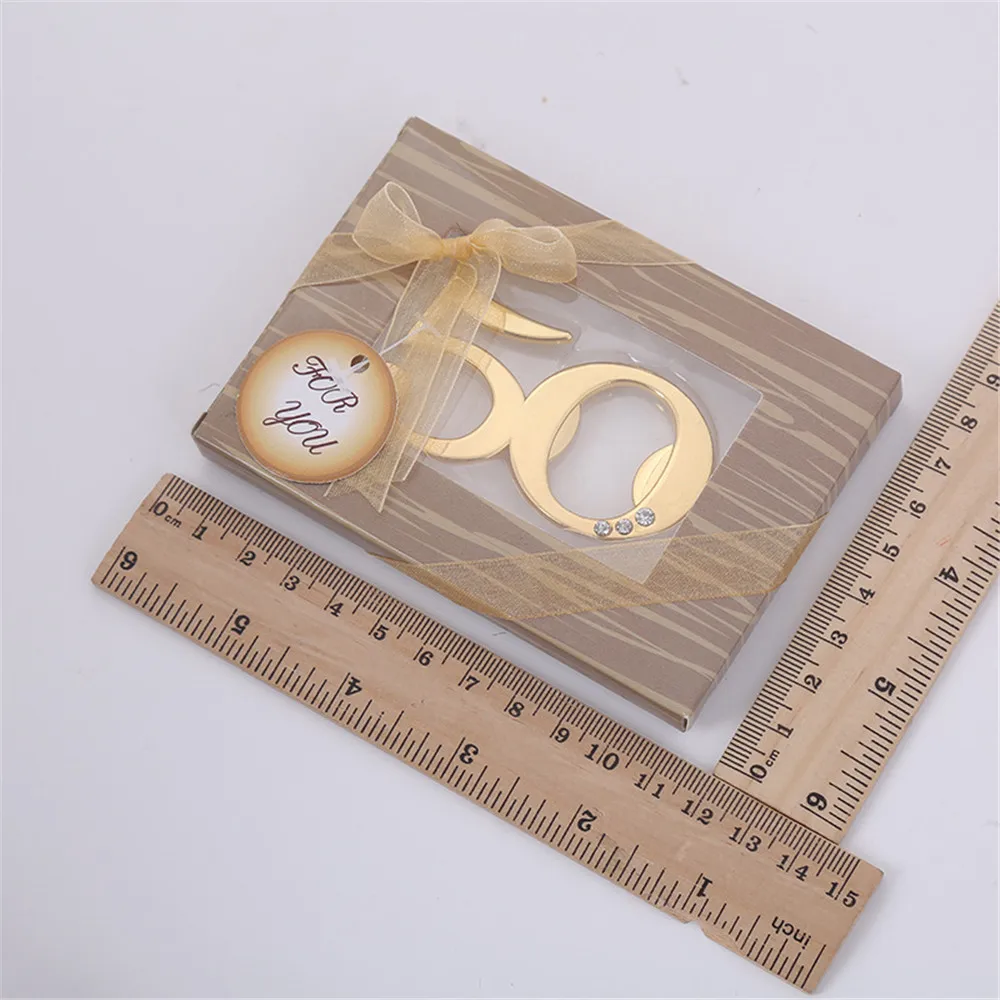 

50pcs/lot 50 Anniversary Gold Beer Bottle Opener Metal Openers For Wedding Souvenirs for guests 50th Birthday Party Gifts Favors