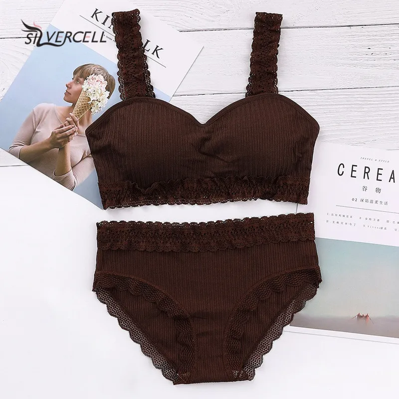 

2019 New Bra Set Cotton Seamless Tube Top Panties Breathable Wire Free Thread Lace Solid Color Lingerie Set