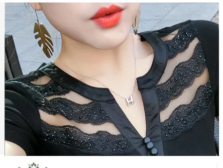 

Summer Korean Style Cotton T-Shirt Leopard Sexy V-Neck Button Patchwork Lace Shiny Diamonds Women Tops Short Sleeve Tees T15523A