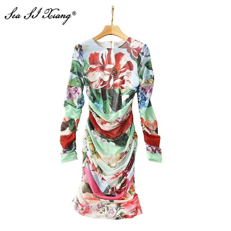 

Женское Сетчатое платье Seasixiang, летнее пикантное платье с длинным рукавом и цветочным принтом