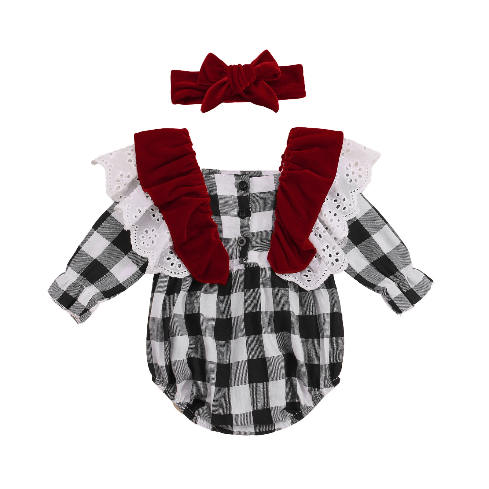 

Bmnmsl Baby Girls Two-piece Clothes Set Plaid Printed Pattern Long Sleeve Romper and Bow Knot Headdress