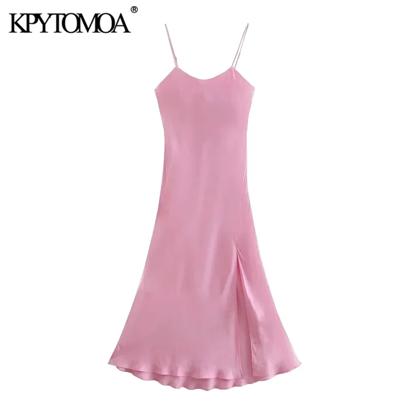 

KPYTOMOA Women 2021 Fashion Front Slit Soft Touch Midi Camisole Dress Vintage Backless Thin Straps Female Dresses Vestidos Mujer