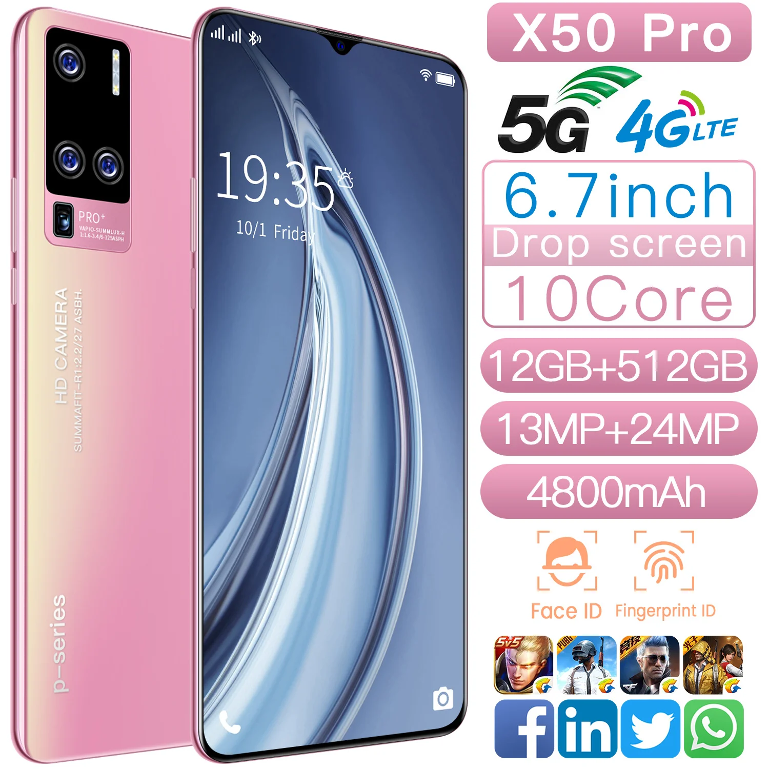

X50 Pro 12GB+512GB 6.7Inch 13MP+24MP 4800MAH Battery Smartphones 10 Core Telephone Face ID Android 10.0 5G