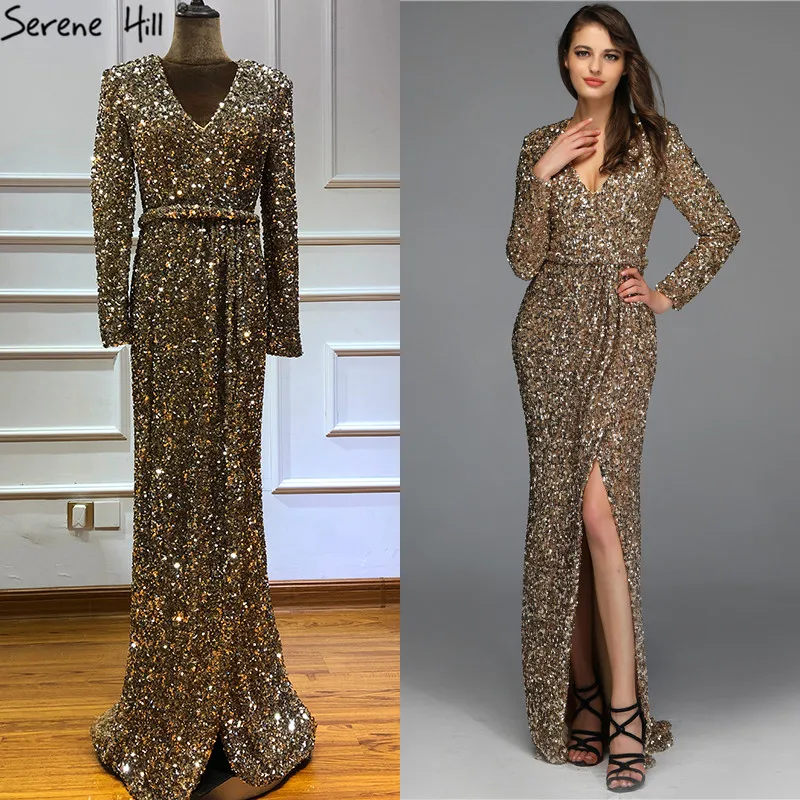 Dubai Luxury Gold Long Sleeves Latest Evening Gown Designs 2021 Beading Sequined Real Photo LA60769 | Свадьбы и торжества