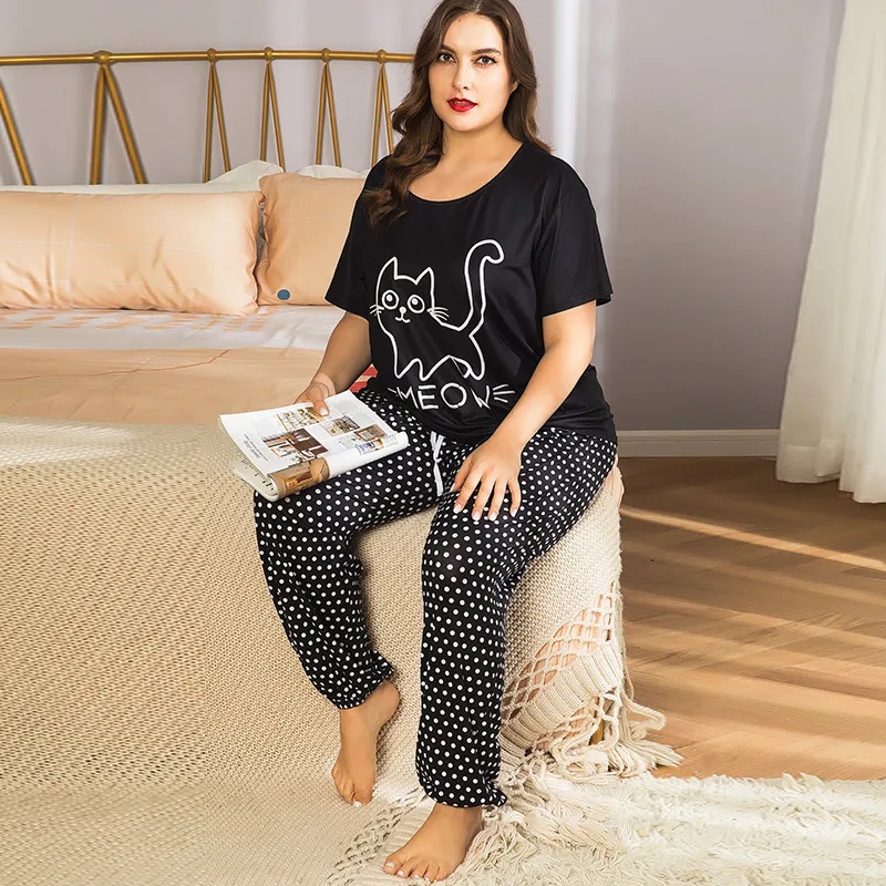 

DOIB Plus Size Pajamas Women Cartoon Cat Black T-shirt Long Pants Large Size Sleepwear Summer Loose Homewear Two Piece Suits