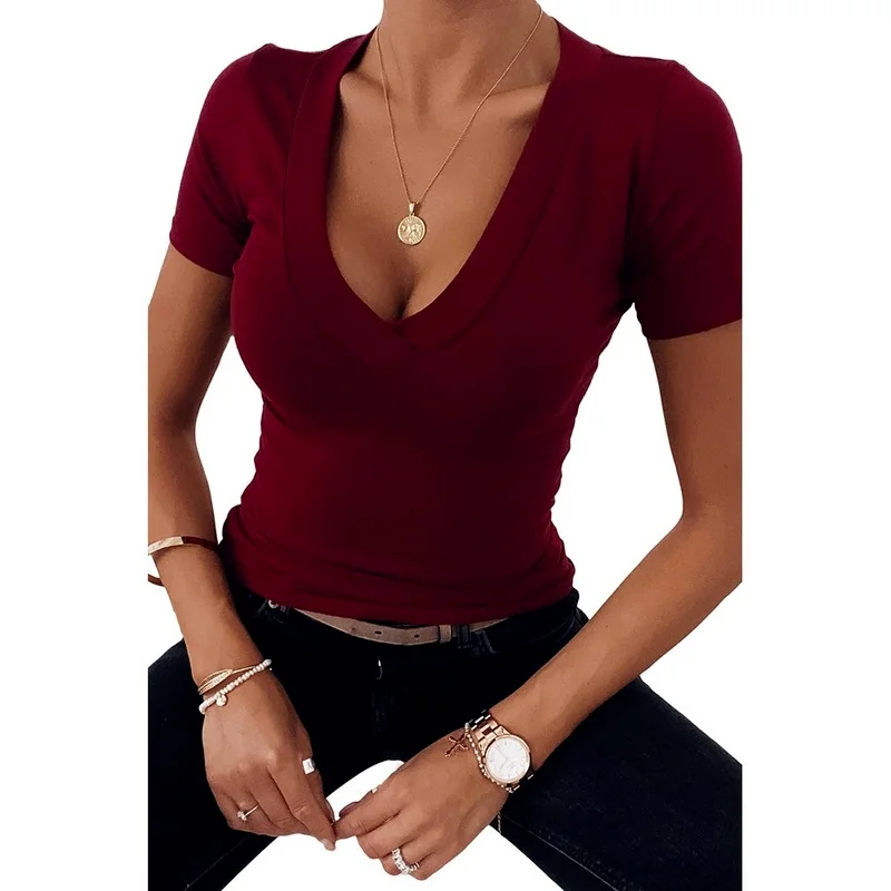 

Setiadia Summer Simple solid color short-sleeved bottoming blouse women's V-neck For Fashion Woman Sundress Clothing 2021