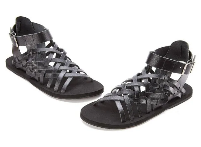 Дизайнер коричневый открытый носок обувь итальянский пляж Римский ботинки ремень мода Настоящая кожа плоские Мужчины гладиаторские сандалии лето черный