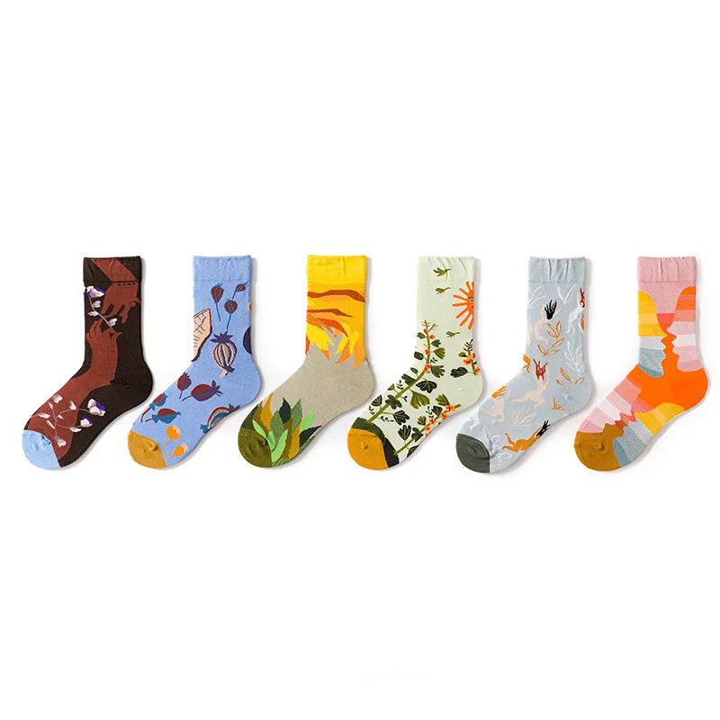 

6 Pairs Autumn Winter New Cartoons Plant Trees Fuzzy Sock Street Skateboard Cute Socks Women Breathable Cotton Funny Socks Woman