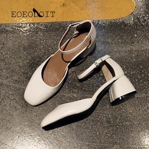 Босоножки EOEODOIT женские на среднем каблуке 5 см, кожаные сандалии с квадратным носком, с ремешком на щиколотке, повседневная обувь для офиса