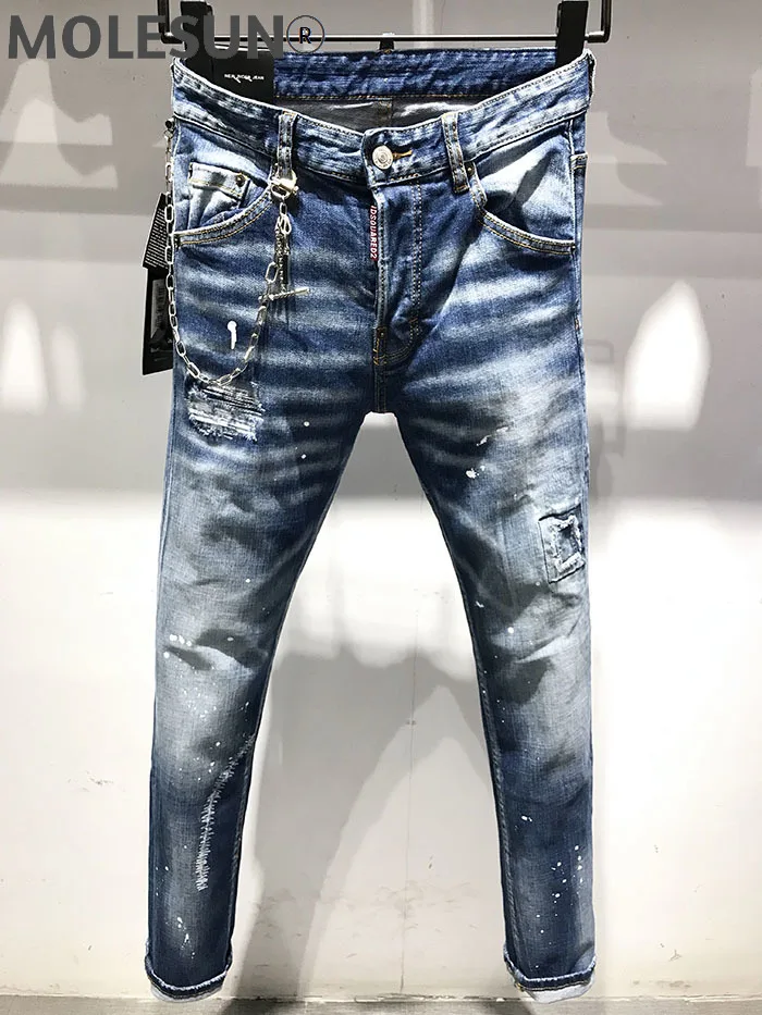 

European dsq brand mens Italy jeans pants men coolguy D2 jeans Men Slim jeans denim trousers blue hole Pants jeans for men 9619