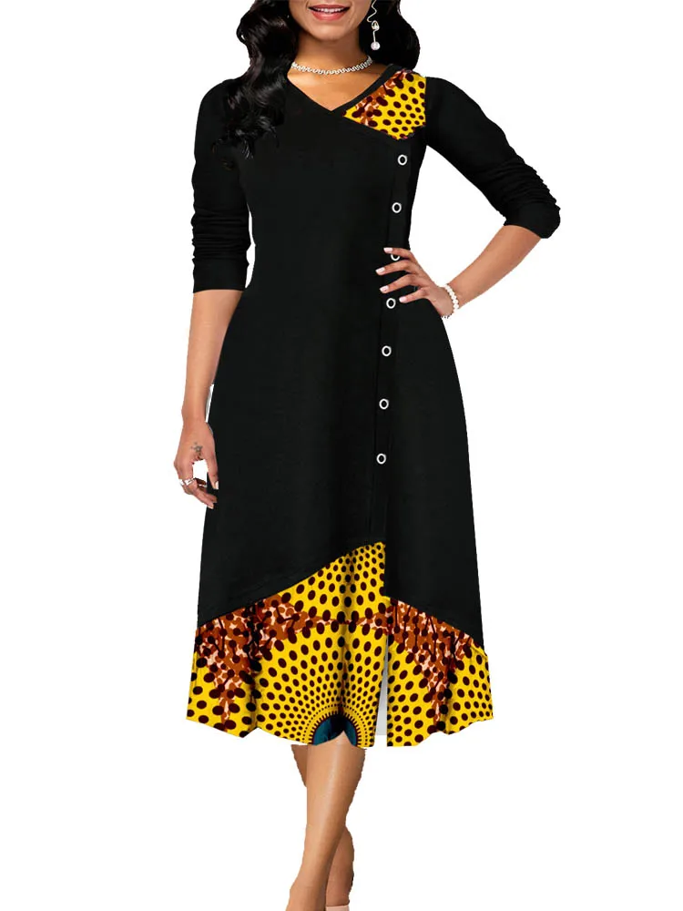 

Элегантные вечерние платья с высокой талией для женщин, повседневное лоскутное платье миди с принтом, весеннее Черное женское вечернее платье с длинным рукавом 2022