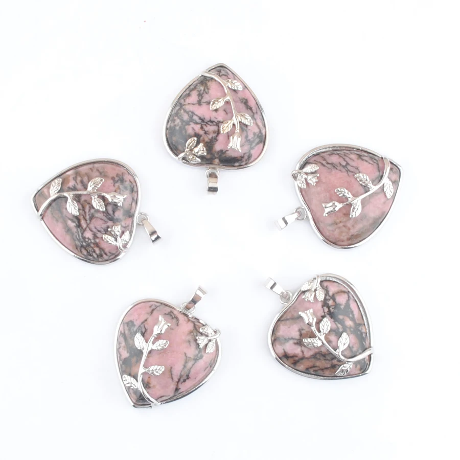 5 шт./лот Подвеска из натурального родонита в форме сердца посеребренный цветок