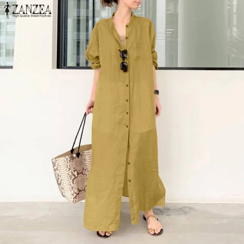 

2022 Autumn Elegant Solid Work Shirt Dress ZANZEA Maxi Sundress Women Long Sleeve Cotton Linen Vestidos Female Robe