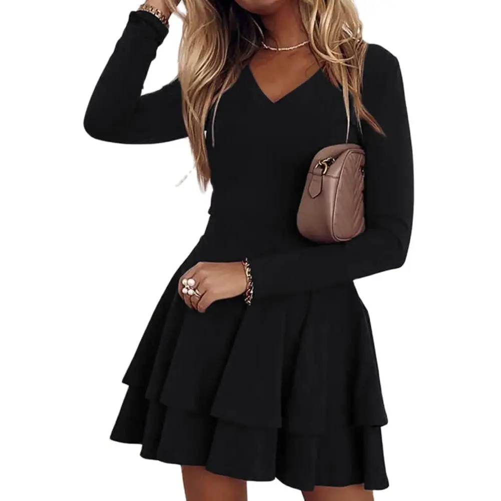 

2021 Women Summer Mini Dress V Neck Waist Tight Solid Color Long Sleeve Ladies Double Ruffle A Line Dresses