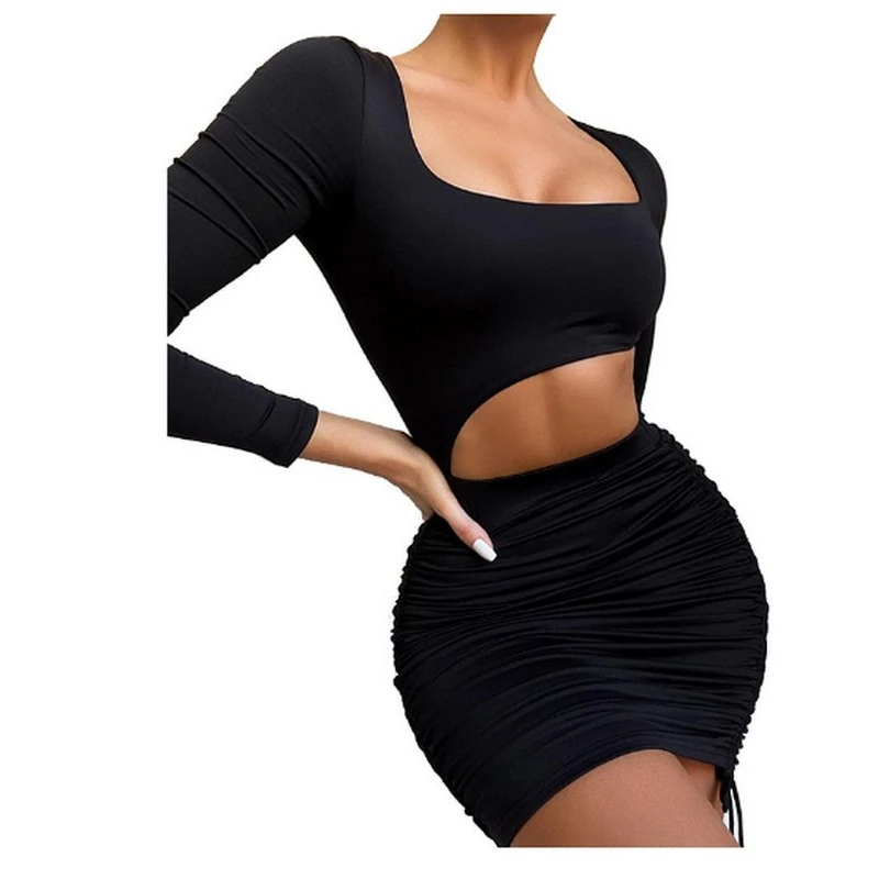 

SUNCREE Fashion Tight Woman Dresses for Women 2021 New Sexy Club Solid Folds Woman Summer Dress Hollow Bodycon Dress Women