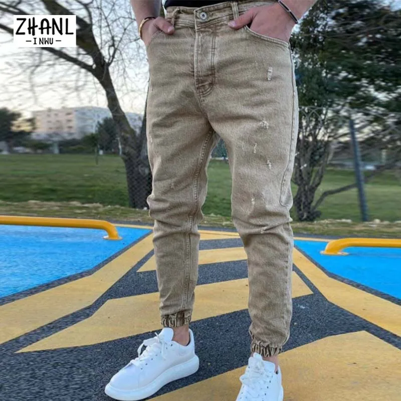 2021 Autumn Men Joggers Cargo Pants for Men Harajuku Cotton Scratched Jeans Biker Casual Denim Trousers Skinny Fit Sweatpants