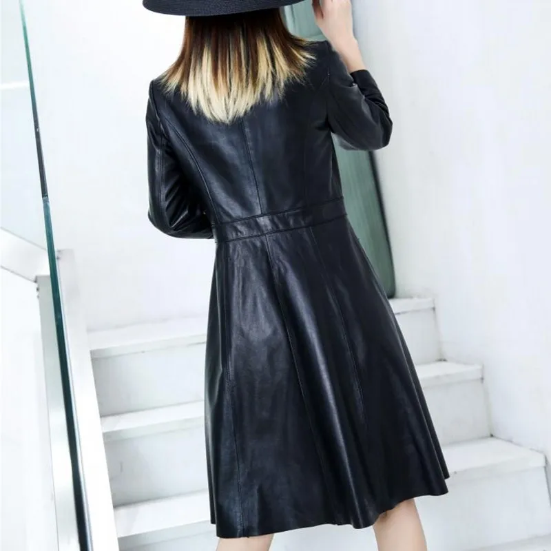 

Korean Style Womens New Genuine Leather Slim Dress Office Lady Turn-Down Collar Button Pockets Sheepskin Fashion Elegant Dress