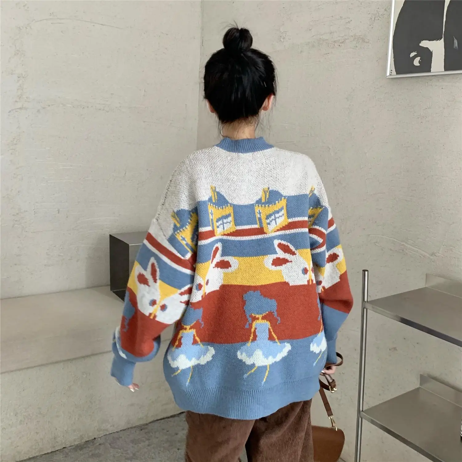 

2021 spring women's fashion loose languid is lazy and lovely cartoon pattern printed round collar sweater female kniting tops