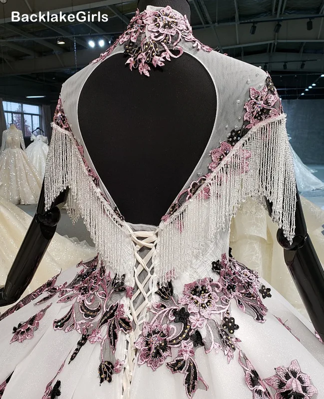 Бальное Платье Свадебные Платья с фиолетовой Иллюзия аппликации высоким воротом