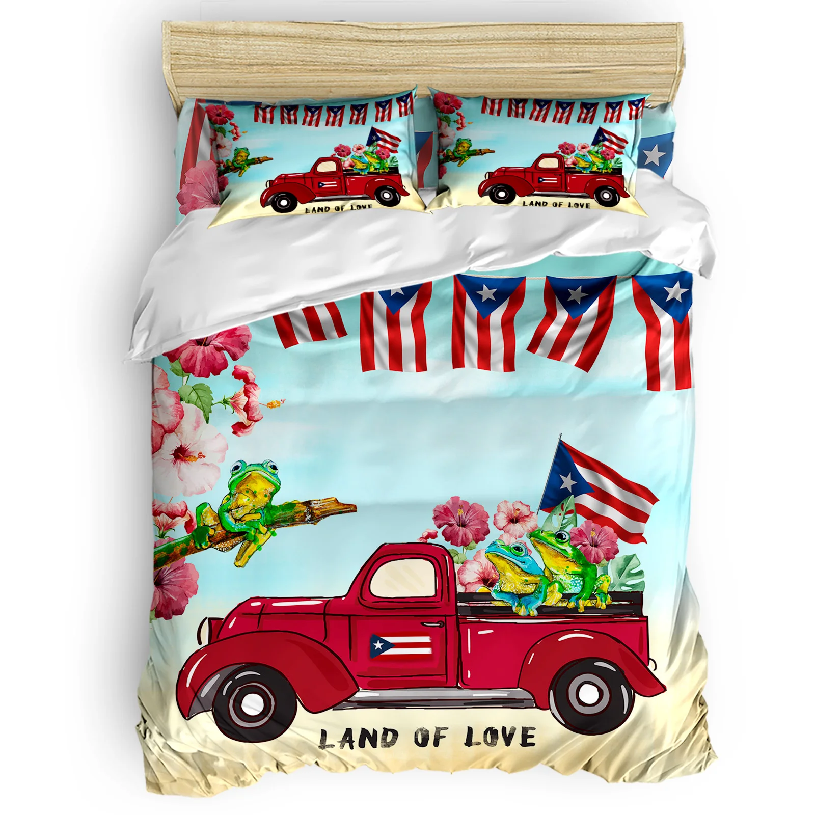

Truck Puerto Rico Flag Flower Frog Duvet Cover Set Warm and Comfortable Bed Sheet Bedroom Comforter Set 2/3/4pcs Bedding Set