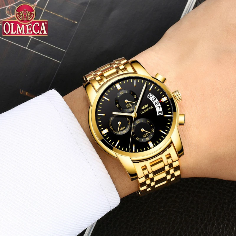 

2019 OLMECA Gold Quartz Watch Top Brand Luxury Men Watches Fashion Man Wristwatches Stainless Steel Relogio Masculino Saatler