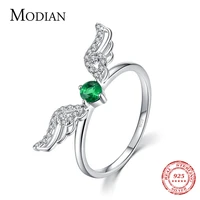 modian authentic 925 sterling silver feather rings for women cute angel wings with green crystal rings wedding statement jewelry