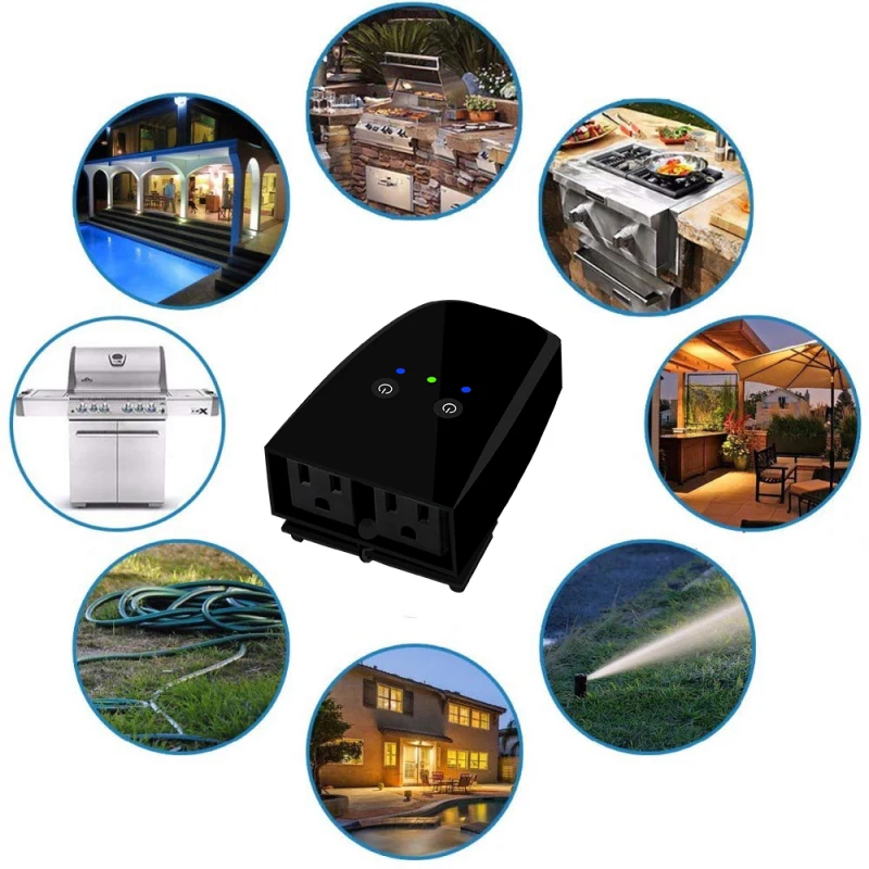 Уличная умная вилка, водонепроницаемая Wi-Fi розетка с 2 розетками, совместима с Alexa и Google Home