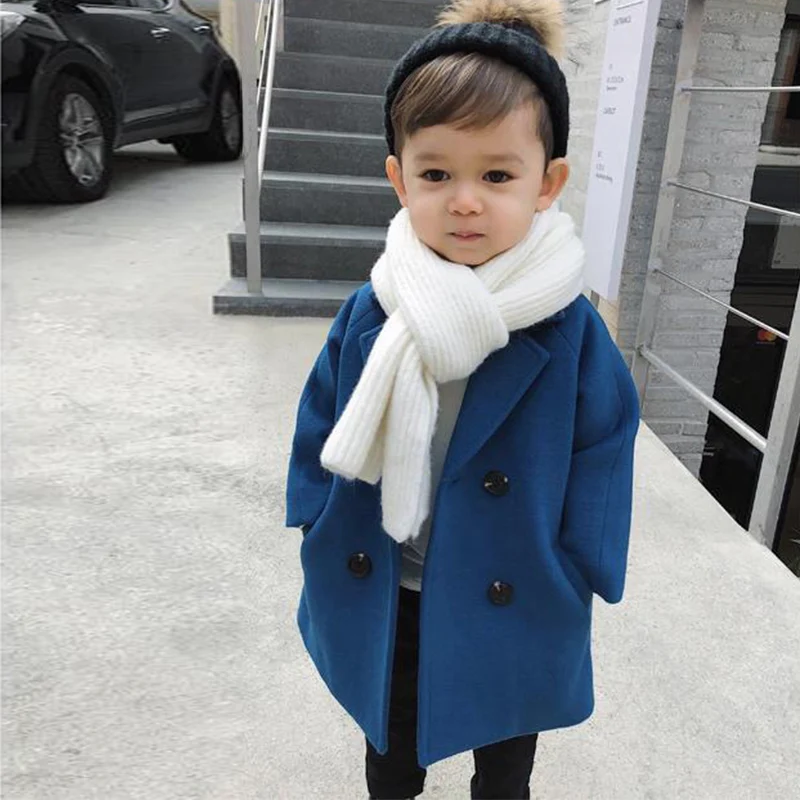 Blue A Новые зимние куртки Однотонное шерстяное двубортное шерстяное пальто для мальчиков модная детская верхняя одежда с отворотом, пальто для мальчиков, ветровка для детей возрастом от 1 года до 5 лет - Цвет: Blue A