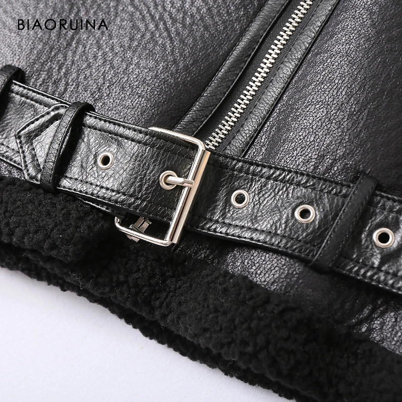 

BIAORUINA Moto&Biker Style Women's Loose Faux Leather Patchwork Lamb Keep Warm Thick Jacket Coat Turn-down Collar with Belt