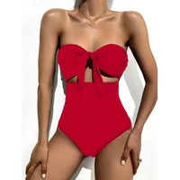 2021 sexy one piece swim suits red black bandeau swimsuit 1 piece bow knot halter cut out swimwear women bathing suit trikini