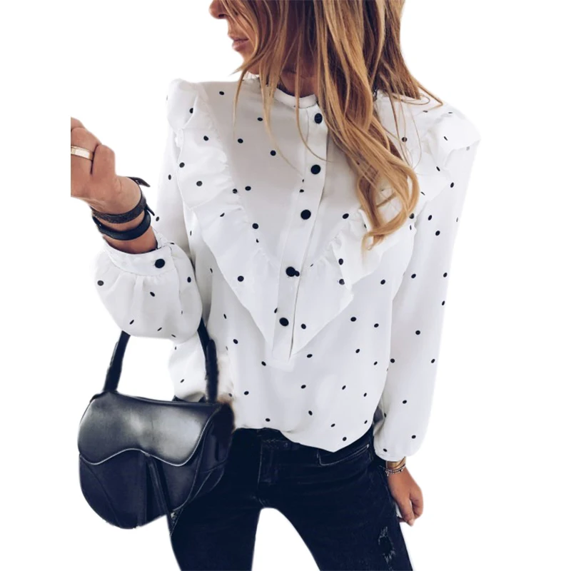 

Женские рубашки с принтом в горошек VICABO, повседневные топы с оборками на одной пуговице, элегантные офисные дамские блузки с круглым вырезо...