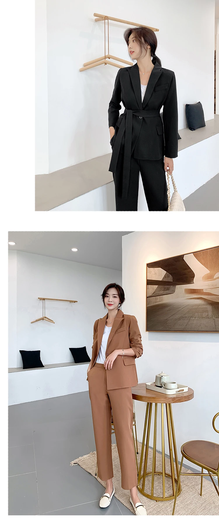 New Arrival Women Notched Long Sleeve Blazer With Belt Straight Long Pants 2 Piece Set Female Caramel Casual Pants Suit S98302F