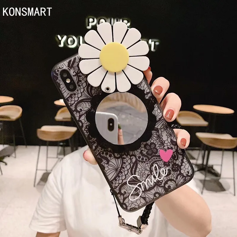 

Чехол-накладка для VIVO X30 Pro, S5, силиконовый, с ремешком, цветочный 3D Рисунок, кружево для зеркала
