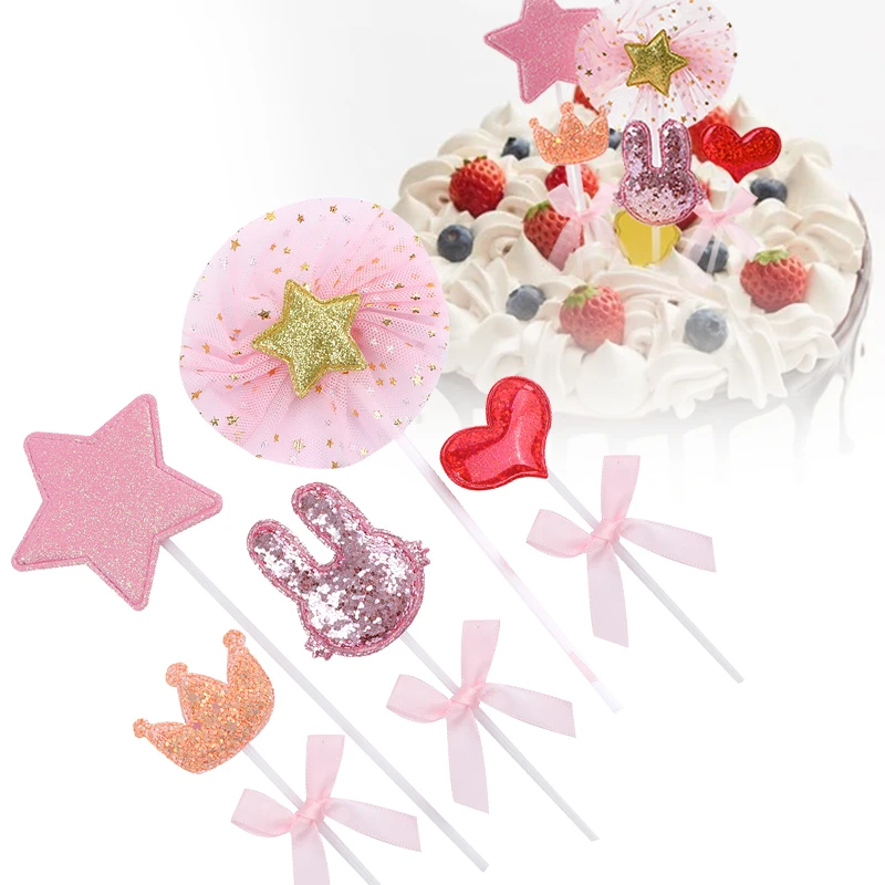 

5 шт. розовая Милая корона в форме сердца, декоративная вставка в виде кролика, розовая шапочка для торта, мультяшное животное, украшение для ...