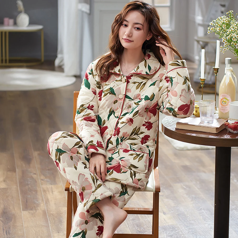 Women's Pajama Sets Plaid Christmas Pajamas For Women Winter 3-layer Cotton Nightie Casual Big Size Warm Thick Pyjamas Nightwear