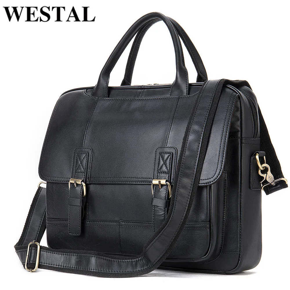 WESTAL натуральная кожаная сумка для ноутбука 14 &quotДля мужчин s сумки плеча сумку Для